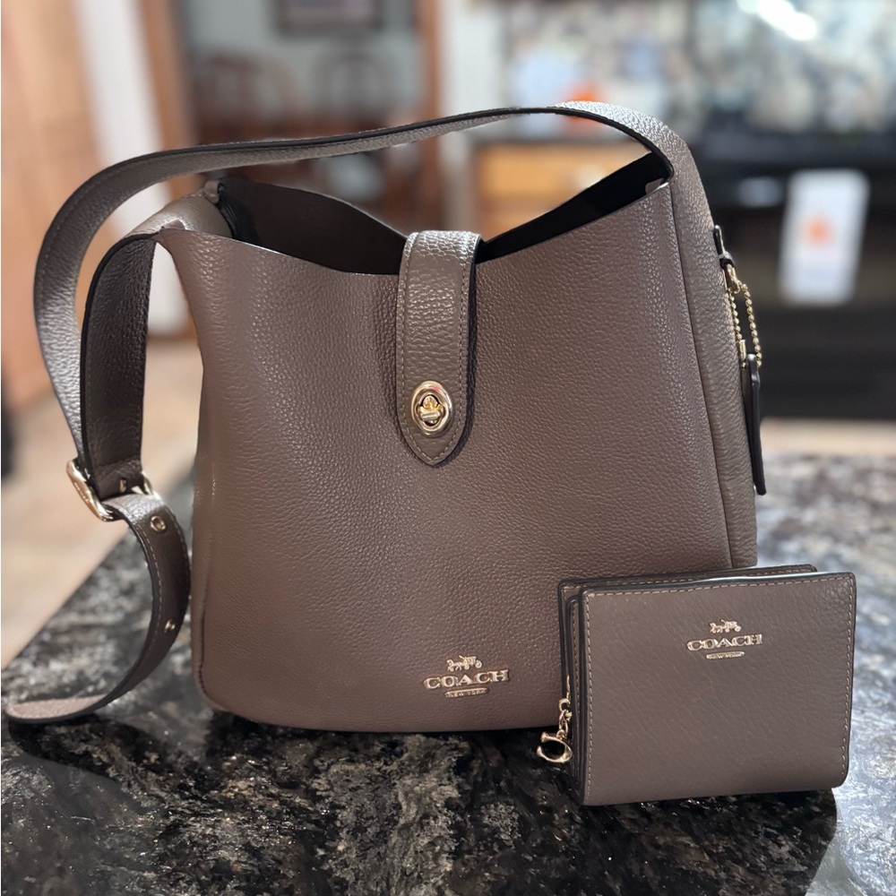Coach Taupe Leather Bucket Bag and Matching Wallet